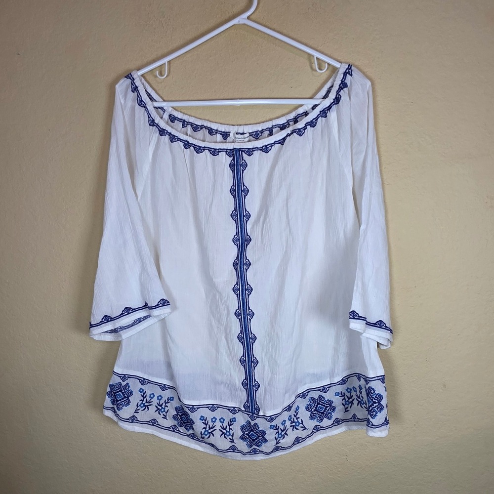 Beachlunchlounge Gwen White Blue‎ Embroidered Cotton Gauze Peasant Blouse M